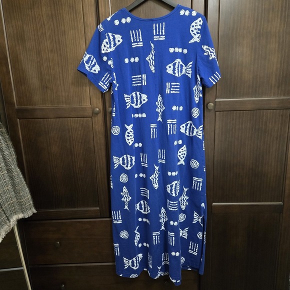 Vtg Donna Cotton Fish Print Maxi Dress Blue Resortwear Beach Tropical Jersey USA - Picture 4 of 16